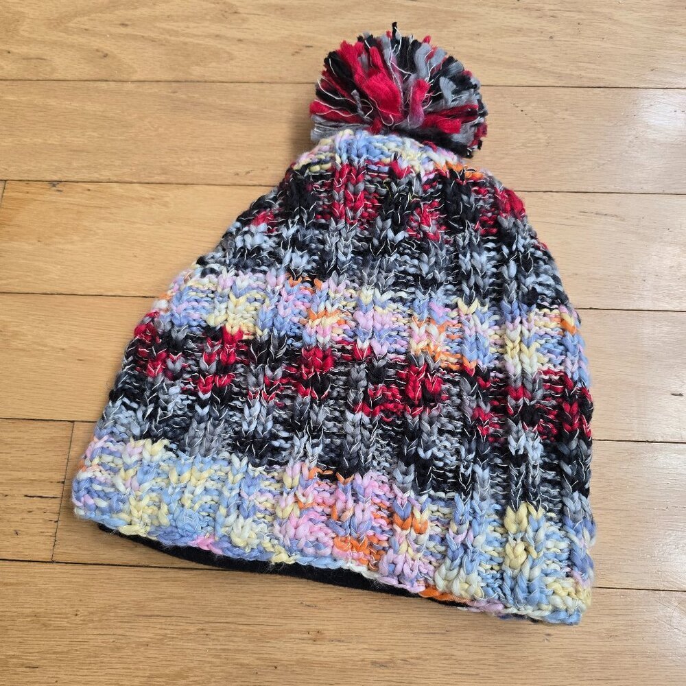 whimsy red multicolor chunky knit boho pom-pom beanie